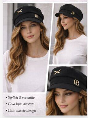 Black Wool Baker Boy Cap Gold Emblem Newsboy Hat Parisian Street Style 57cm